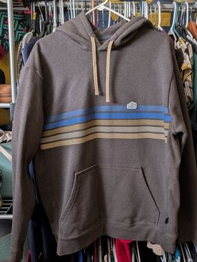 Patagonia Unisex Brown Hooded Pullover with Blue & Tan Stripes.